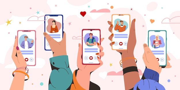 Platte handen met smartphones met profielen voor mannen en vrouwen. online datingservice-app op het telefoonscherm. virtuele relaties, communicatie op afstand. mensen op zoek naar een paar op sociale netwerken.