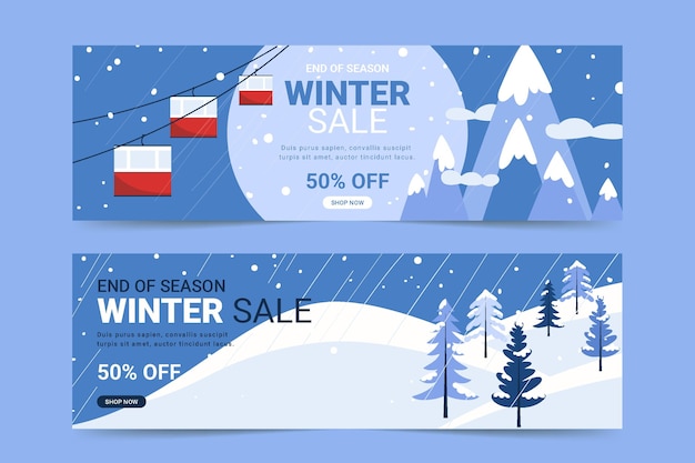 Vector platte horizontale winterverkoopbanners set met kabelbaan en bergen