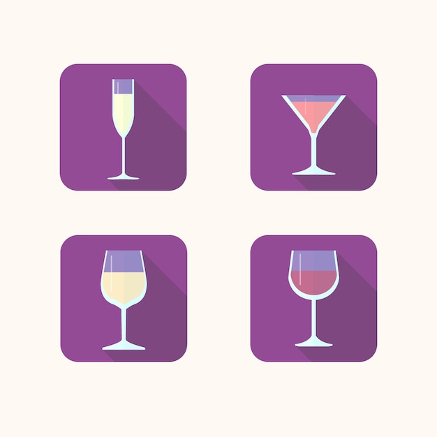 Platte iconen van glazen met champagne wijn martini