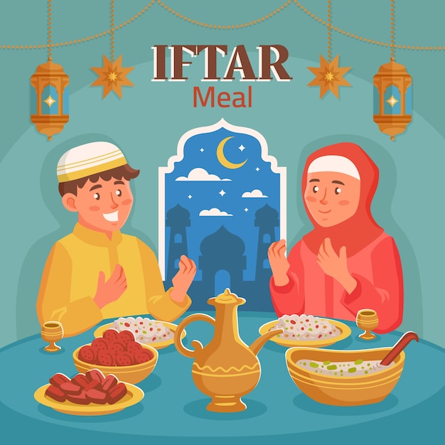 Vector platte iftar-maaltijdillustratie voor ramadan-viering