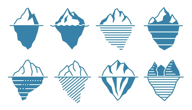 Platte ijsberg Drijvende acebergen met onderwaterdeel en tip infographic sjabloon en arctische gletsjer vectorillustratie set