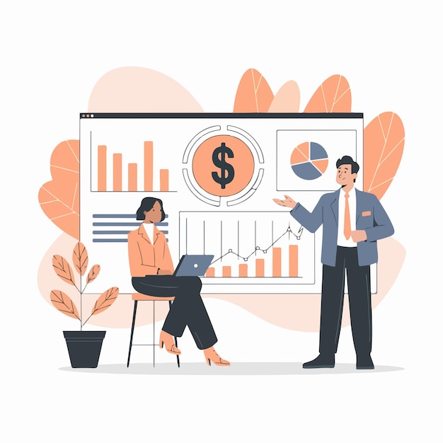 Platte illustratie van een financieringsthema met twee mensen