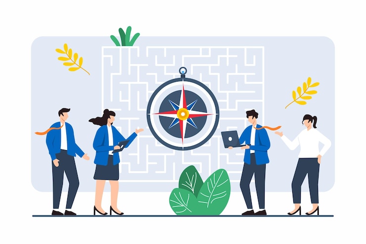 Vector platte illustratie van een groep die door een doolhof navigeert met een kompas die probleemoplossing in het bedrijfsleven symboliseert