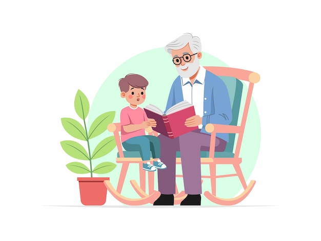 Platte illustratie van een grootvader in een schommelstoel die een boek leest met een kleinkind