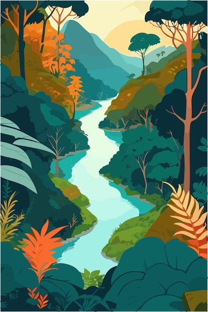 Vector platte illustratie van het amazone-regenwoud met rivier en land