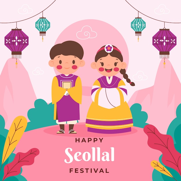 Vector platte illustratie voor de koreaanse seollal festivalviering