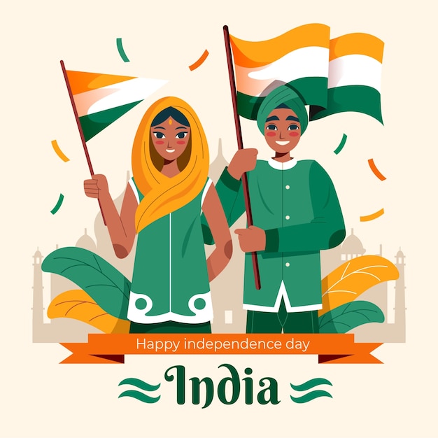 Platte india onafhankelijkheidsdag illustratie met mensen die vlaggen houden