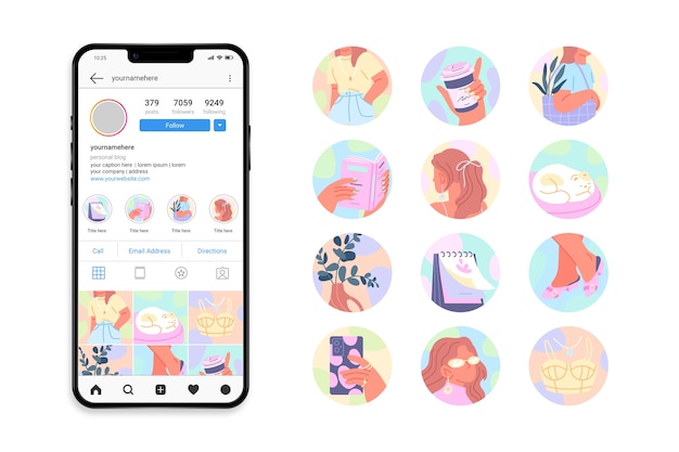 Platte instagram hoogtepunt illustratie set