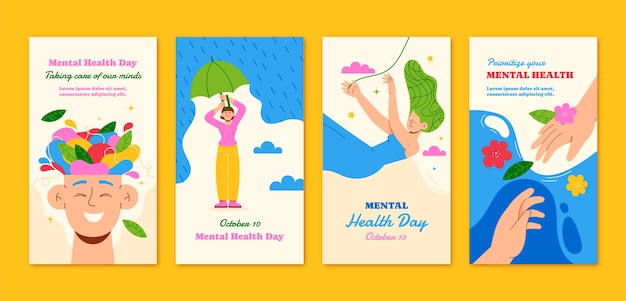 Vector platte instagram verhalencollectie voor bewustzijn van de werelddag voor de geestelijke gezondheid