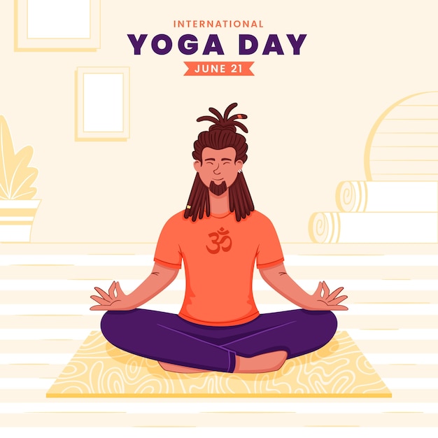 Vector platte internationale yogadagillustratie met mensen die yoga doen