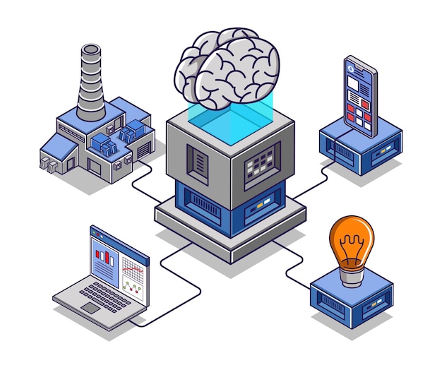 Platte isometrische concept illustratie kunstmatige intelligentie om ondernemingen te helpen