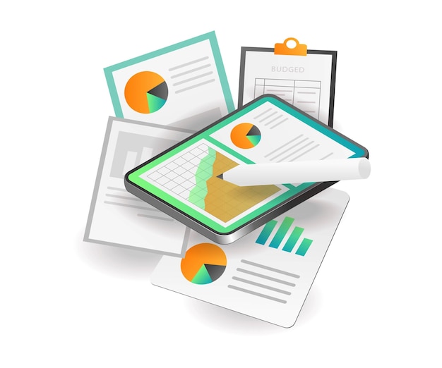 Platte isometrische conceptillustratie analyseert bedrijfsbudget en omzetgegevens