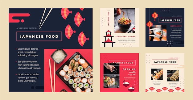 Platte japanse restaurant instagram berichten collectie met traditionele gerechten