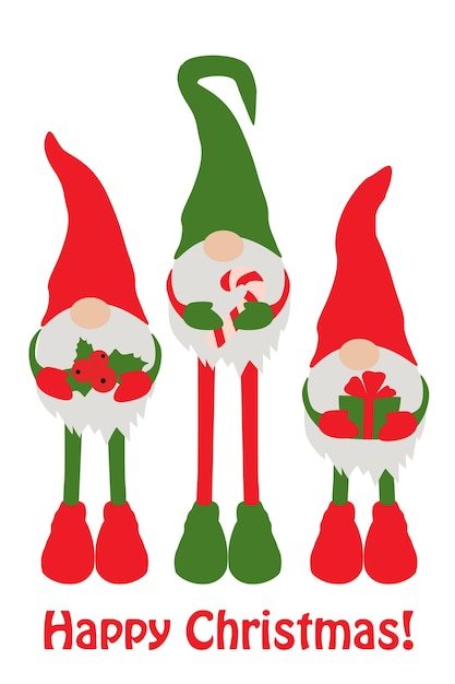 Platte kerstdwergen Drie dwergen houden kerstartikelen in handen Leuk kerstdwergenhemdontwerp en huisdecoratie voor de wintervakantie