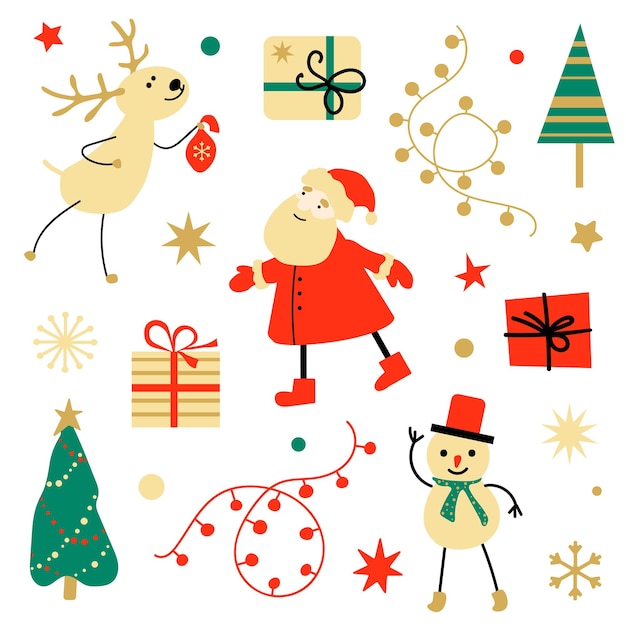 Platte kerstset kerstman, hert, sneeuwpop, geschenken, slingers. vector illustratie