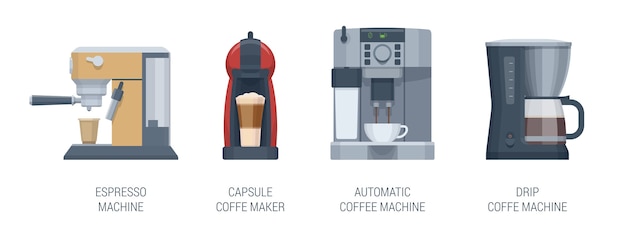 Platte koffiezetapparaten set. automastic koffiemachine, espressomachine, koffiemachine voor capsules, filterkoffiezetapparaat. illustratie. verzameling