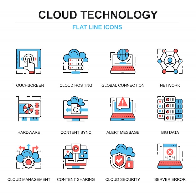 Platte lijn wolk technologie pictogrammen concepten instellen
