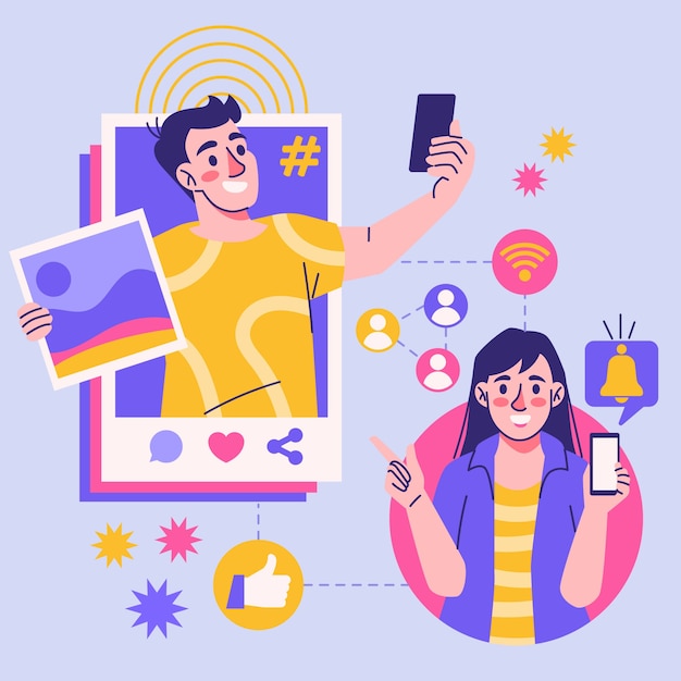 Platte mensen en illustratie op sociale media
