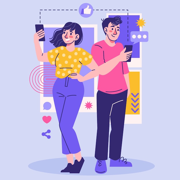 Platte mensen en illustratie op sociale media