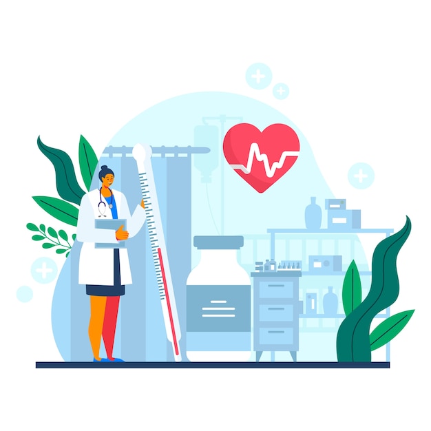 Platte nationale doktersdagillustratie met medic holding thermometer