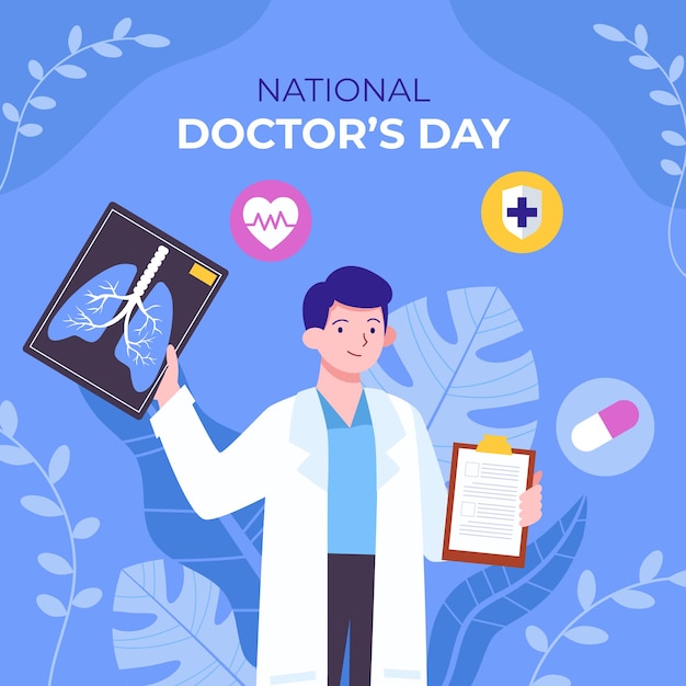 Platte nationale doktersdagillustratie met medic met röntgenfoto