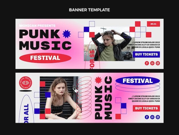 Platte ontwerp 90s muziekfestival horizontale banners