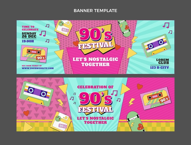 Platte ontwerp 90s muziekfestival horizontale banners