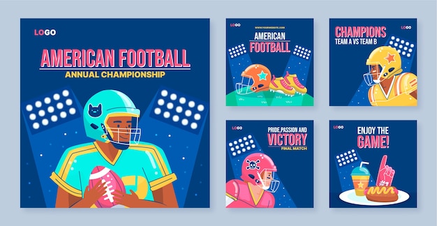 Vector platte ontwerp amerikaanse voetbal instagram-berichten