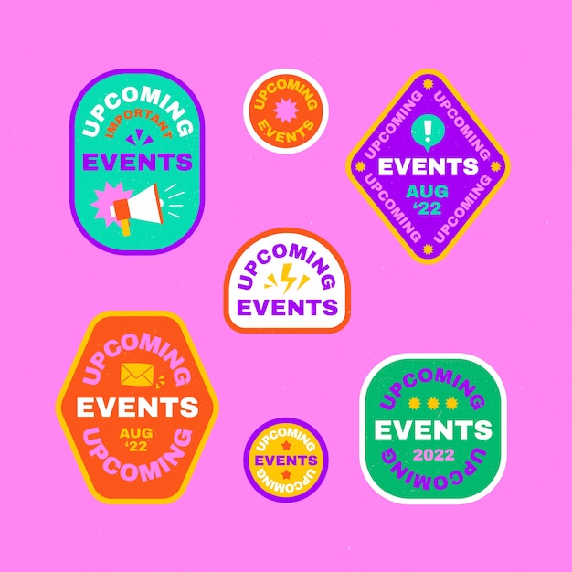 Vector platte ontwerp badges voor aankomende evenementen