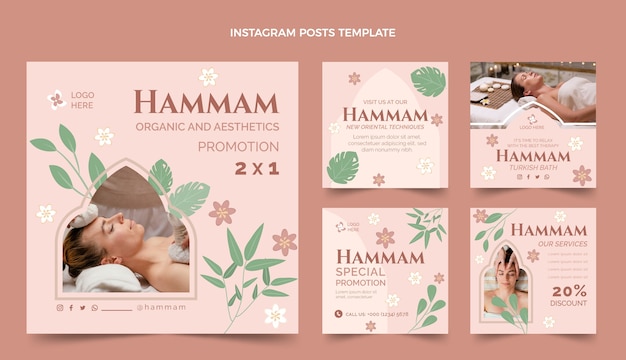 Vector platte ontwerp botanische hamam instagram posts