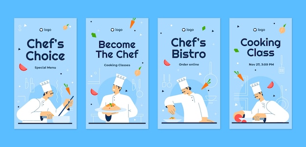 Vector platte ontwerp chef-kok die instagram-verhalen kookt