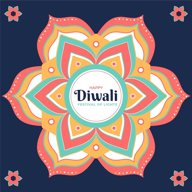Platte ontwerp diwali achtergrond met mandala en bloemen