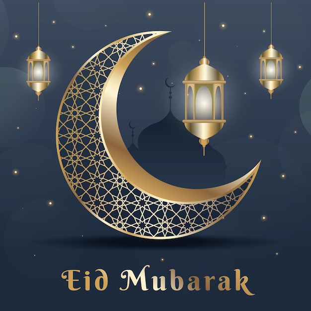 Platte ontwerp eid mubarak met maan en lantaarns