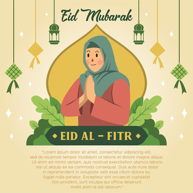 Platte ontwerp eid mubarak vrouw bidden premium vector