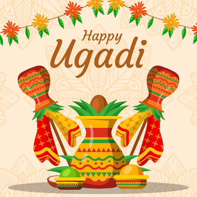 Platte ontwerp happy ugadi met guirlande illustratie