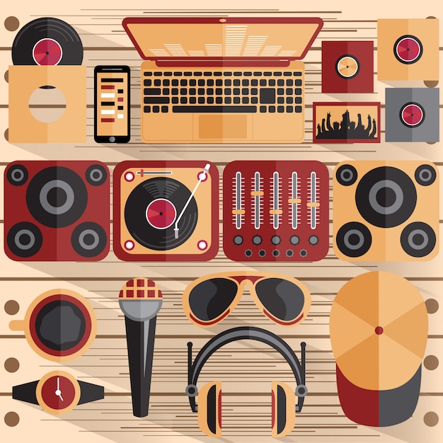 Vector platte ontwerp illustratie van dj en muziek thema