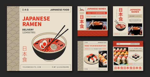 Platte ontwerp japans restaurant instagram berichtenset