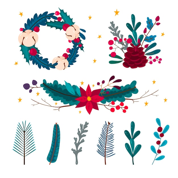 Vector platte ontwerp kerst bloemencollectie