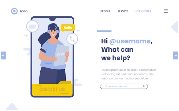 Platte ontwerp klantenservice-assistent voor helpcentrum of neem contact met ons op websitepagina