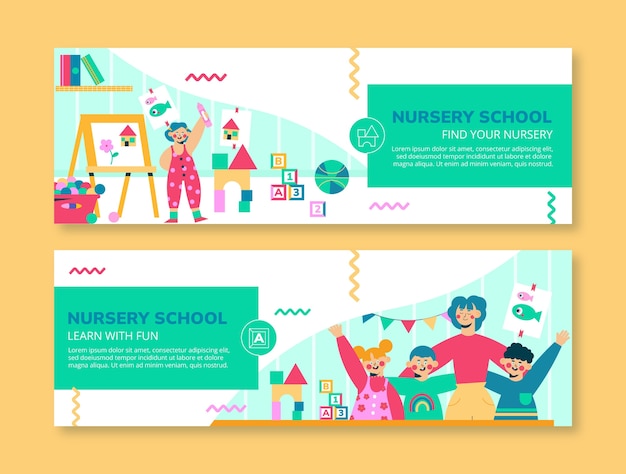 Platte ontwerp kleuterschool horizontale banner sjabloon