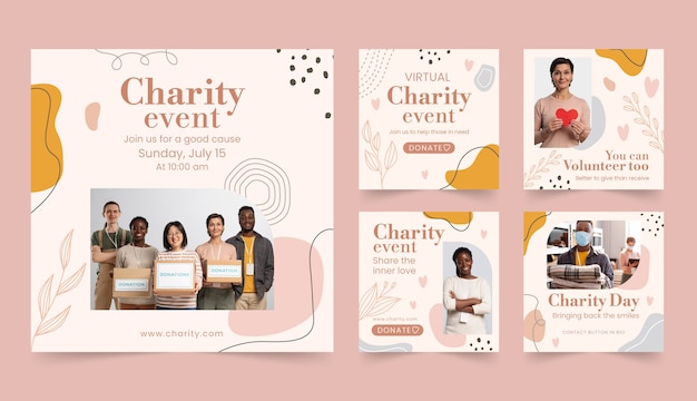 Platte ontwerp liefdadigheidsevenement instagram posts set
