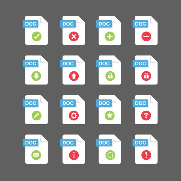 Platte ontwerp met DOC bestanden icon set symbool set vector design element illustratie