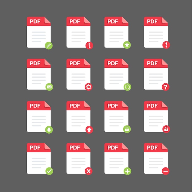 Platte ontwerp met PDF-bestanden icon set symboolset vector design element illustratie