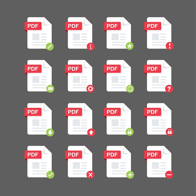 Platte ontwerp met PDF-bestanden icon set symboolset vector design element illustratie