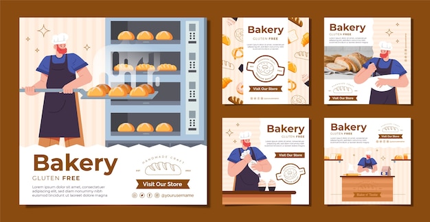 Vector platte ontwerp minimale bakkerij instagram posts sjabloon