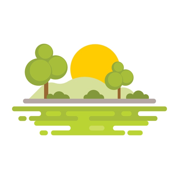 Platte ontwerp moderne vector illustratie icoon van groen park met bomen en zonsondergang