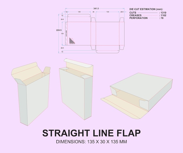 Vector platte ontwerp rechte lijn flap gestanste doos verpakking gestanste sjabloon afmeting 135 x 30 x 135 mm