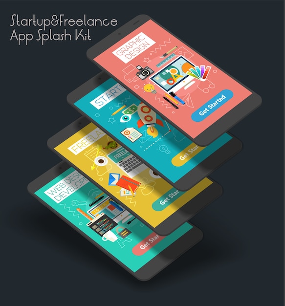 Vector platte ontwerp responsieve startup en freelance ui mobiele app splash screens-sjabloon met trendy illustraties en 3d-smartphonemodellen