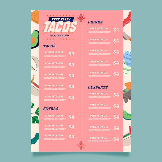 Vector platte ontwerp taqueria menu ontwerp