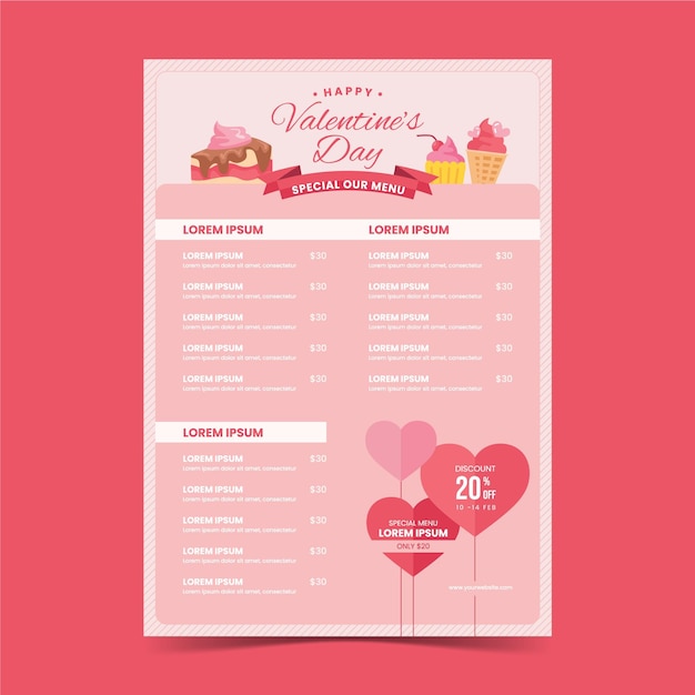 Platte ontwerp valentijnsdag menusjabloon